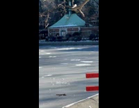 Man skate on ice ignore danger sign