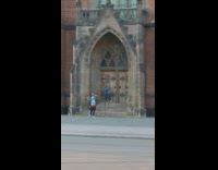 Girl jeans jacket dance church front door