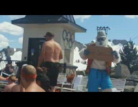 Guy wearing yeti costume got snow sign 