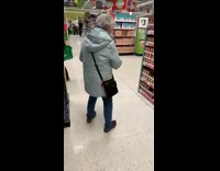 Blue jacket grandma dances grocery store asda 