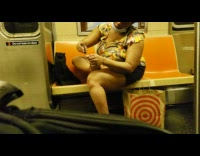 Yellow shirt lady clips toenails train subway 