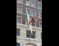 Guy sees dogs playing and crane lifting window glass 