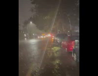 buses stuck in flood man gets out of car in waist high waters