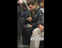 Guy sleeps in slow motion hand falls down slowly on subway train