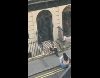 Girl black hat on checkered doorstep handbag part 1