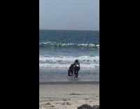 Girl crawl lay on sand beach waves