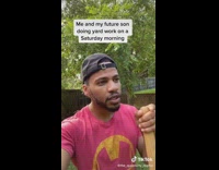 Guy future son yard work water break 