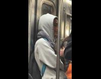 Guy grey hoodie ride train with rabbit