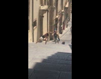 Woman workout video shoot public stairs 