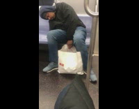 Collab Subway Creatures - man white bag asleep on side