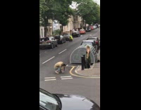 Girl green skirt hold bag bike cage