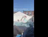 Girl jumps on swan pool float fail