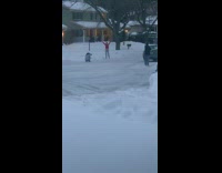 Woman red sweater raise hands snow street