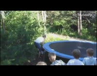 Kid front flips off blue trampoline fail 