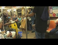 drums harp and a man singing train