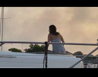 Blue striped dress girl selfie white boat 