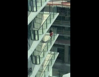 Red bathing suit girl glass balcony 