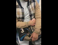 Couples hold hands while single woman holds rail on subway train