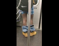 Collab Subway Creatures - Man rides subway with pants down blue plaid boxers 