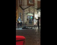 Girls take selfie with street performer 