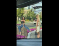 girl middle divider street flower stone wall