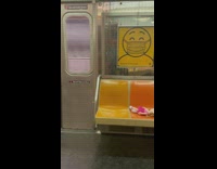 Pink doll sits on train 