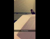 Kid pink folder binder running up stairs trips school 