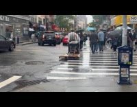 Old man drives forklift like a scooter