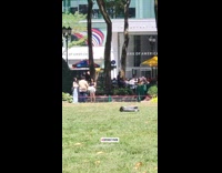 Flat robot with wheels roaming at park