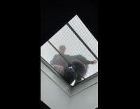 Lady sees girl sitting on skylight window 