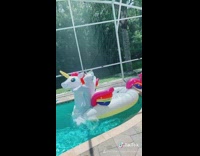 Collab KaleSaladIG - Woman jumps on inflatable unicorn pool tube and falls in the water
