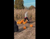 girl foot on pumpkin falls back