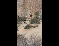 Man flexes muscle in front of the big rock