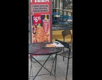 Birds eats a slice of pizza off the table 