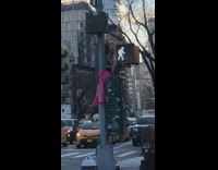 Woman sits on stoplight box picture