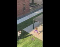 Woman violet leggings red shoes workout dance video shoot