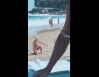 Woman pink bikini beach hat tripod twerk part 2