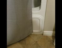 Dog hides behind shower curtain, plays and barks at spring door stopper