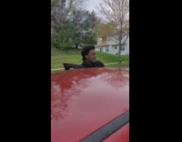 Social distancing grandparents dance at door house