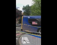 Blue bus crashed into apartment building 