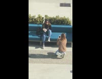 Girl sits on blue couch
