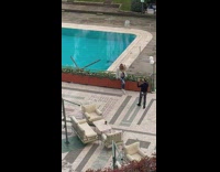 Woman silver jacket pose beside pool plants
