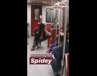 Man dressed up as Spiderman wearing the Infinity gauntlet on subway train
