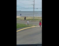 Girl white sleeves model walk street ocean