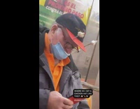 Grandpa wears hat with white chickens subway 