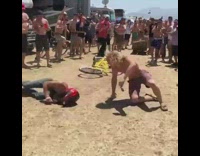 Two guys ride tandem bike off ramp fail