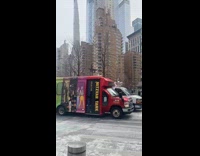 Cars with large posters park near person standing on monument 