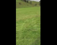 Car offroading lands after small hill and parts fly off