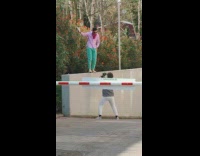 Man pink polo stand wall videographer crouch up and down