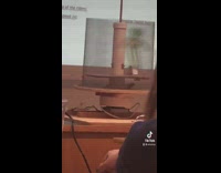 Green kermit frog  toy spinning in class in front of projector 